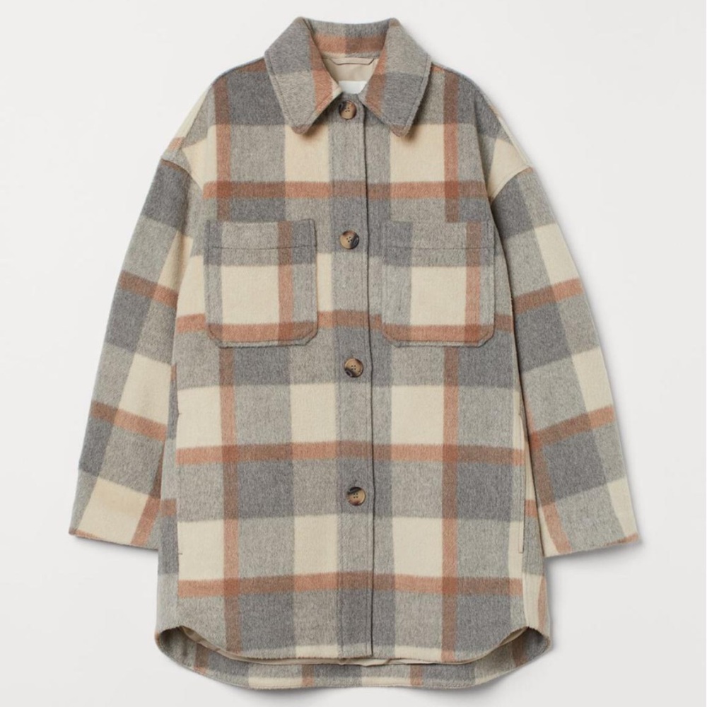 H&M Oversized Grey Beige Plaid Shacket Size XS